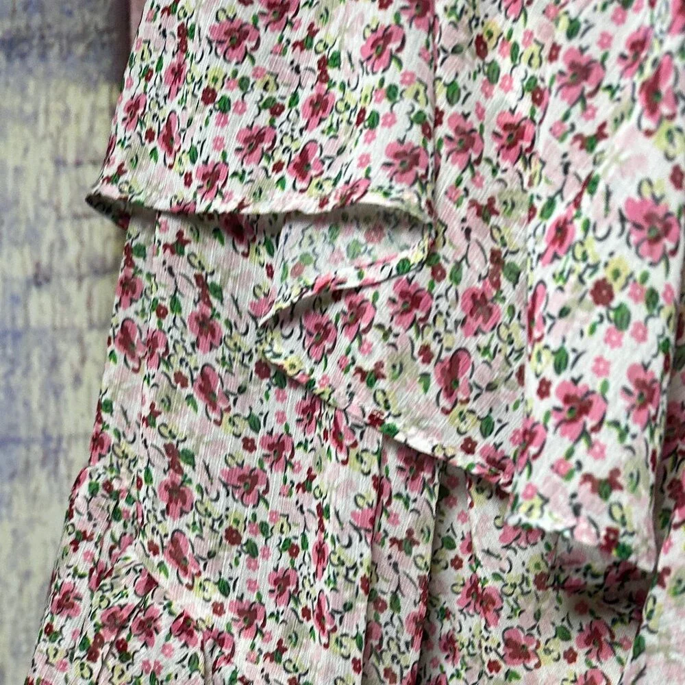 M/L Floral Print Long Sleeve Eyelet Ruffled Mini Tie Waist Dress - Picture 7 of 7